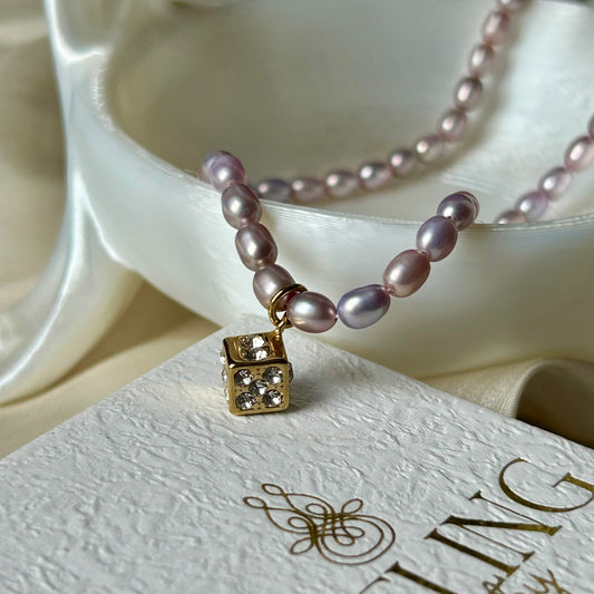 Lucky Dice Cubic Zirconia Pendant Natural Lavender Freshwater Pearl Choker Necklace, 18K Gold Plated Stainless Steel Adjustable 40-45cm Handmade Pearl Chain