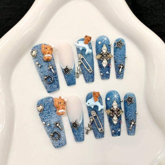 Whimsical Denim Charm Handmade Press-On Nails