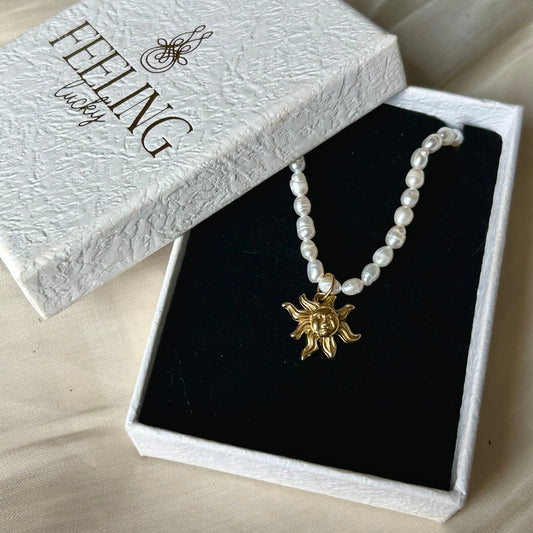 Natural White Freshwater Pearl Choker Necklace, 18K Gold Plated Stainless Steel Sun & Lucky 7 CZ Pendant, Adjustable 40-45cm Handmade Pearl Chain for Women