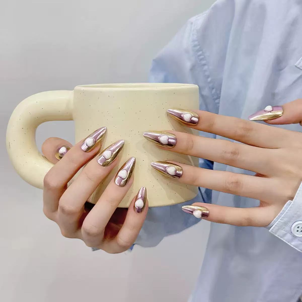 Lavender Gold Mirror 3D White Heart Almond Press On Nails