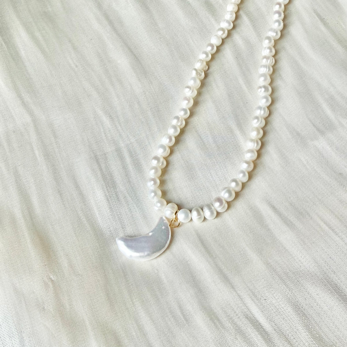 Handmade Natural Pearl Necklace with Carved Moon Pendant | 43cm, Stainless Steel Clasp