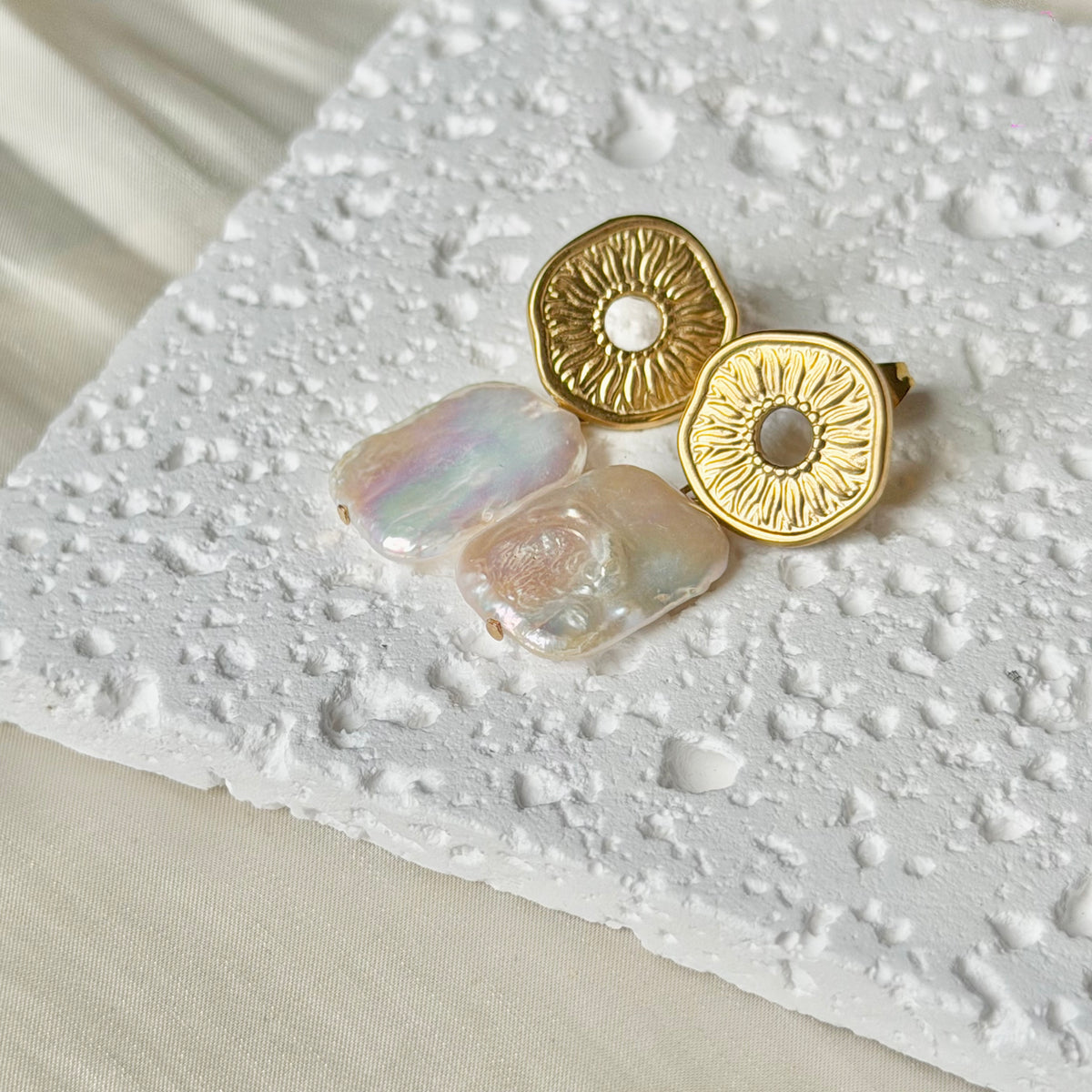 Handmade Sun Disc Natural Baroque Pearl Drop Earrings, Stainless Steel