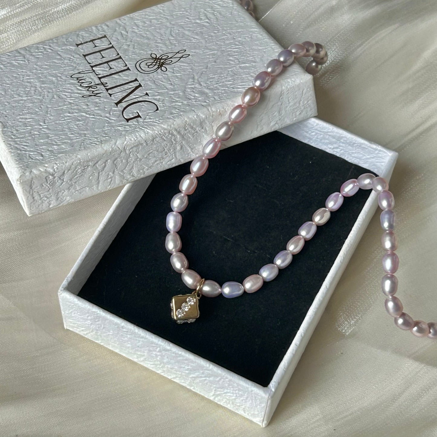 Lucky Dice Cubic Zirconia Pendant Natural Lavender Freshwater Pearl Choker Necklace, 18K Gold Plated Stainless Steel Adjustable 40-45cm Handmade Pearl Chain