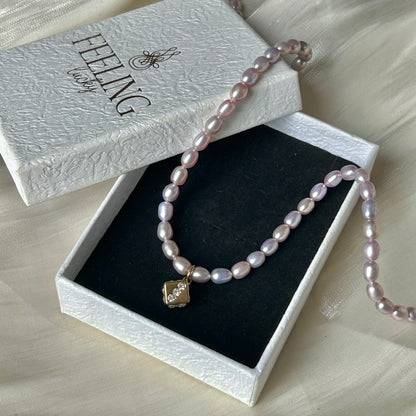 Lucky Dice Cubic Zirconia Pendant Natural Lavender Freshwater Pearl Choker Necklace, 18K Gold Plated Stainless Steel Adjustable 40-45cm Handmade Pearl Chain