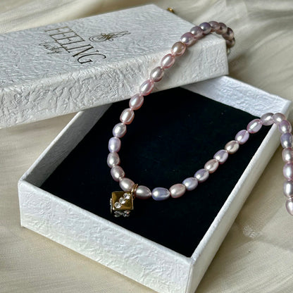 Lucky Dice Cubic Zirconia Pendant Natural Lavender Freshwater Pearl Choker Necklace, 18K Gold Plated Stainless Steel Adjustable 40-45cm Handmade Pearl Chain