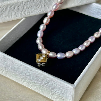 Lucky Dice Cubic Zirconia Pendant Natural Lavender Freshwater Pearl Choker Necklace, 18K Gold Plated Stainless Steel Adjustable 40-45cm Handmade Pearl Chain