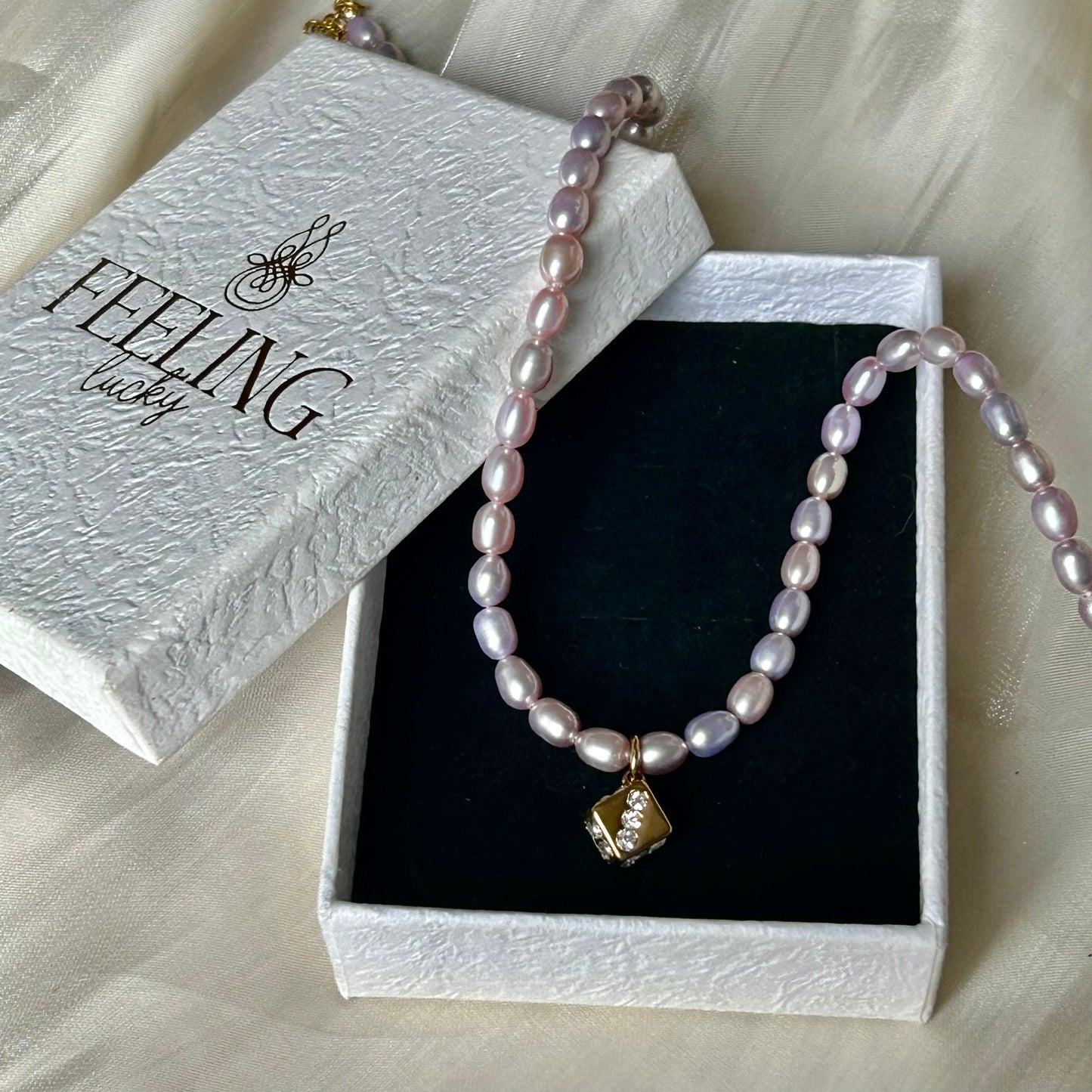 Lucky Dice Cubic Zirconia Pendant Natural Lavender Freshwater Pearl Choker Necklace, 18K Gold Plated Stainless Steel Adjustable 40-45cm Handmade Pearl Chain