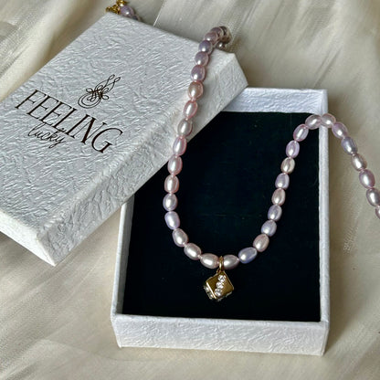 Lucky Dice Cubic Zirconia Pendant Natural Lavender Freshwater Pearl Choker Necklace, 18K Gold Plated Stainless Steel Adjustable 40-45cm Handmade Pearl Chain