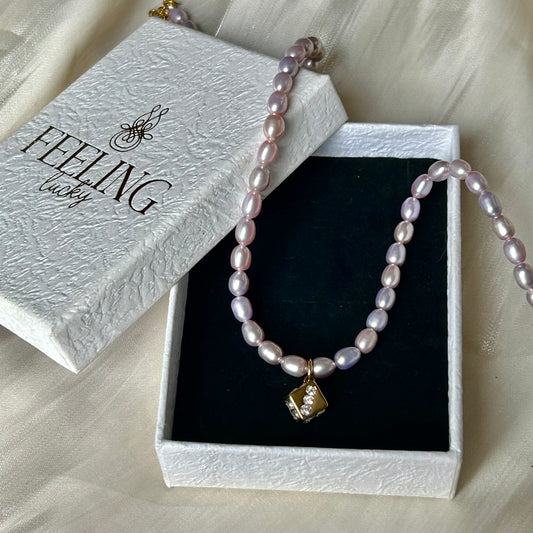 Lucky Dice Cubic Zirconia Pendant Natural Lavender Freshwater Pearl Choker Necklace, 18K Gold Plated Stainless Steel Adjustable 40-45cm Handmade Pearl Chain