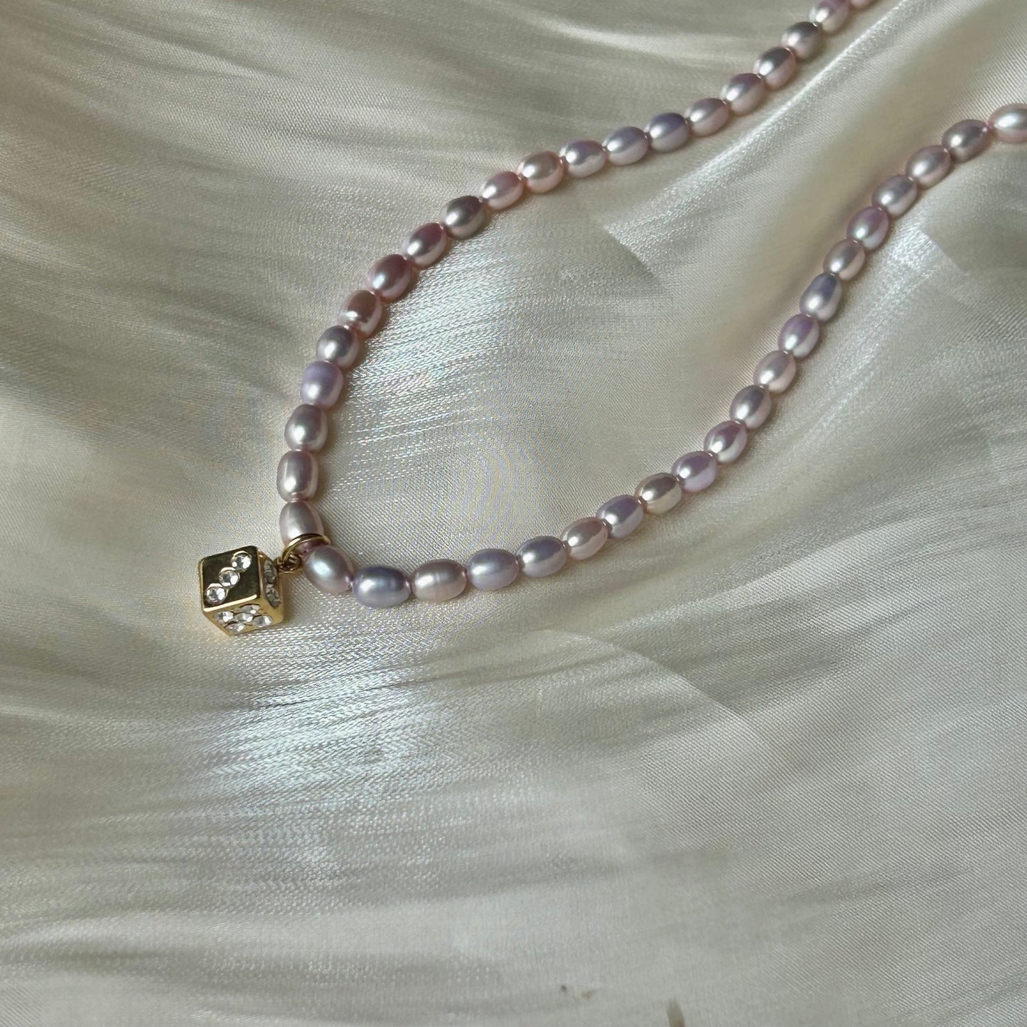 Lucky Dice Cubic Zirconia Pendant Natural Lavender Freshwater Pearl Choker Necklace, 18K Gold Plated Stainless Steel Adjustable 40-45cm Handmade Pearl Chain