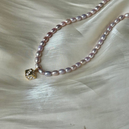 Lucky Dice Cubic Zirconia Pendant Natural Lavender Freshwater Pearl Choker Necklace, 18K Gold Plated Stainless Steel Adjustable 40-45cm Handmade Pearl Chain