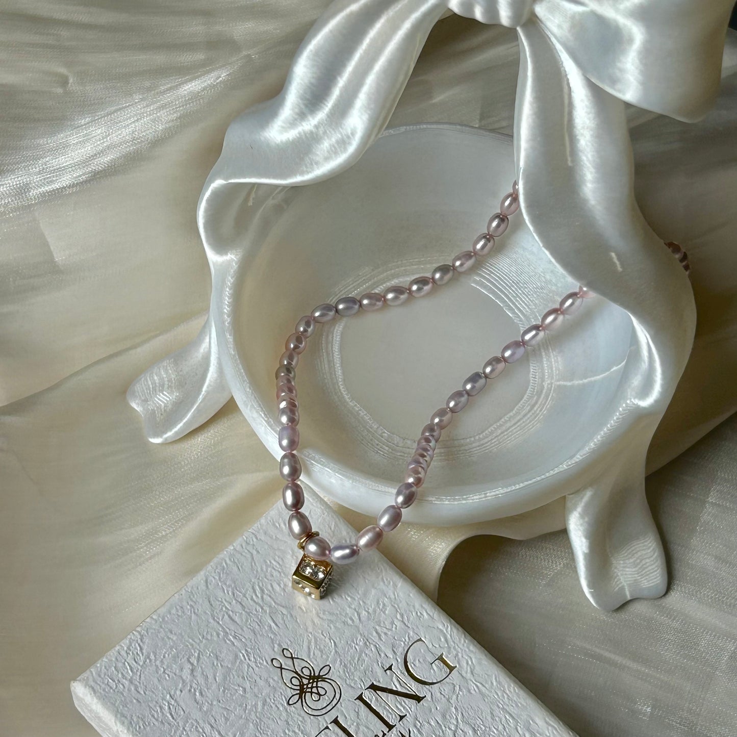 Lucky Dice Cubic Zirconia Pendant Natural Lavender Freshwater Pearl Choker Necklace, 18K Gold Plated Stainless Steel Adjustable 40-45cm Handmade Pearl Chain