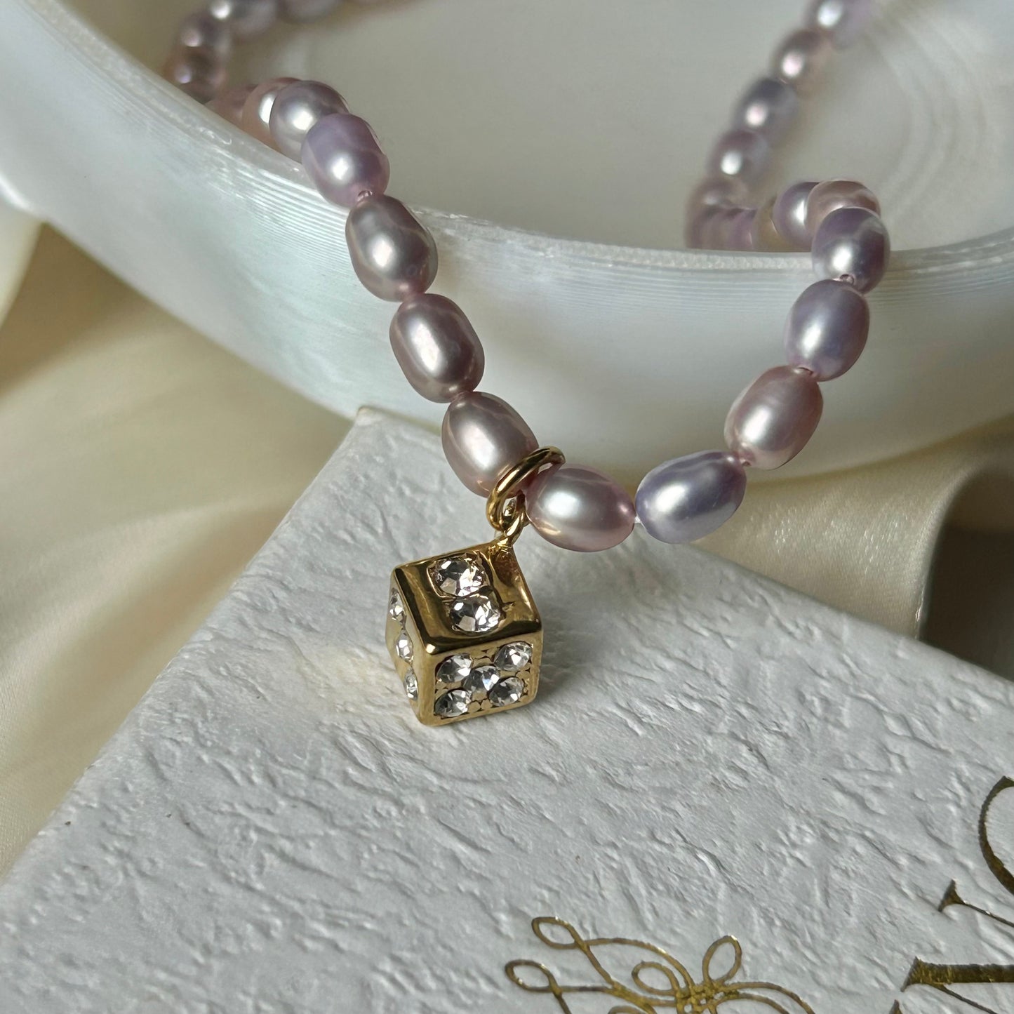 Lucky Dice Cubic Zirconia Pendant Natural Lavender Freshwater Pearl Choker Necklace, 18K Gold Plated Stainless Steel Adjustable 40-45cm Handmade Pearl Chain
