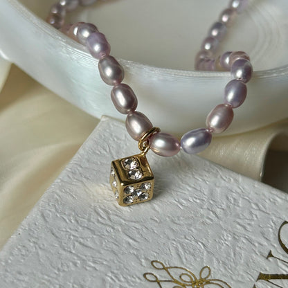 Lucky Dice Cubic Zirconia Pendant Natural Lavender Freshwater Pearl Choker Necklace, 18K Gold Plated Stainless Steel Adjustable 40-45cm Handmade Pearl Chain