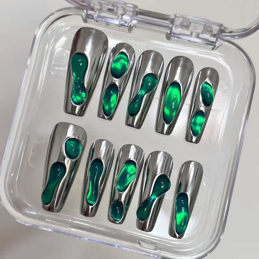 Chrome Emerald Flow 10 stiletto-shaped press-on nails featuring a bold industrial-chic aesthetic.