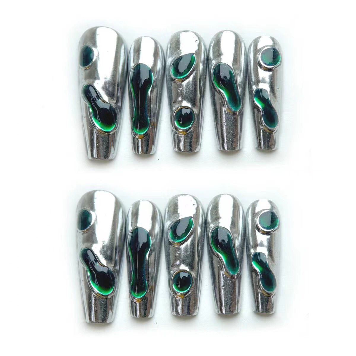 Chrome Emerald Flow 10 stiletto-shaped press-on nails featuring a bold industrial-chic aesthetic.