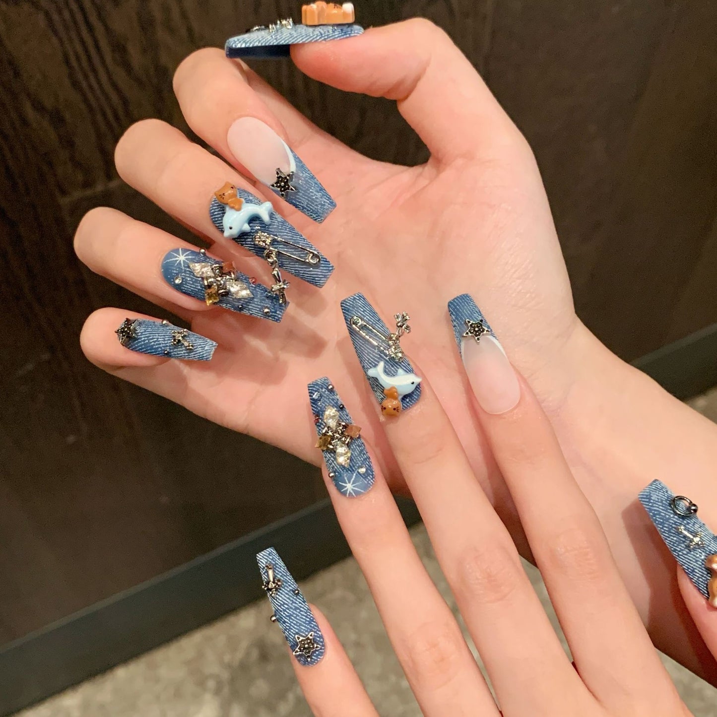 Whimsical Denim Charm Handmade Press-On Nails