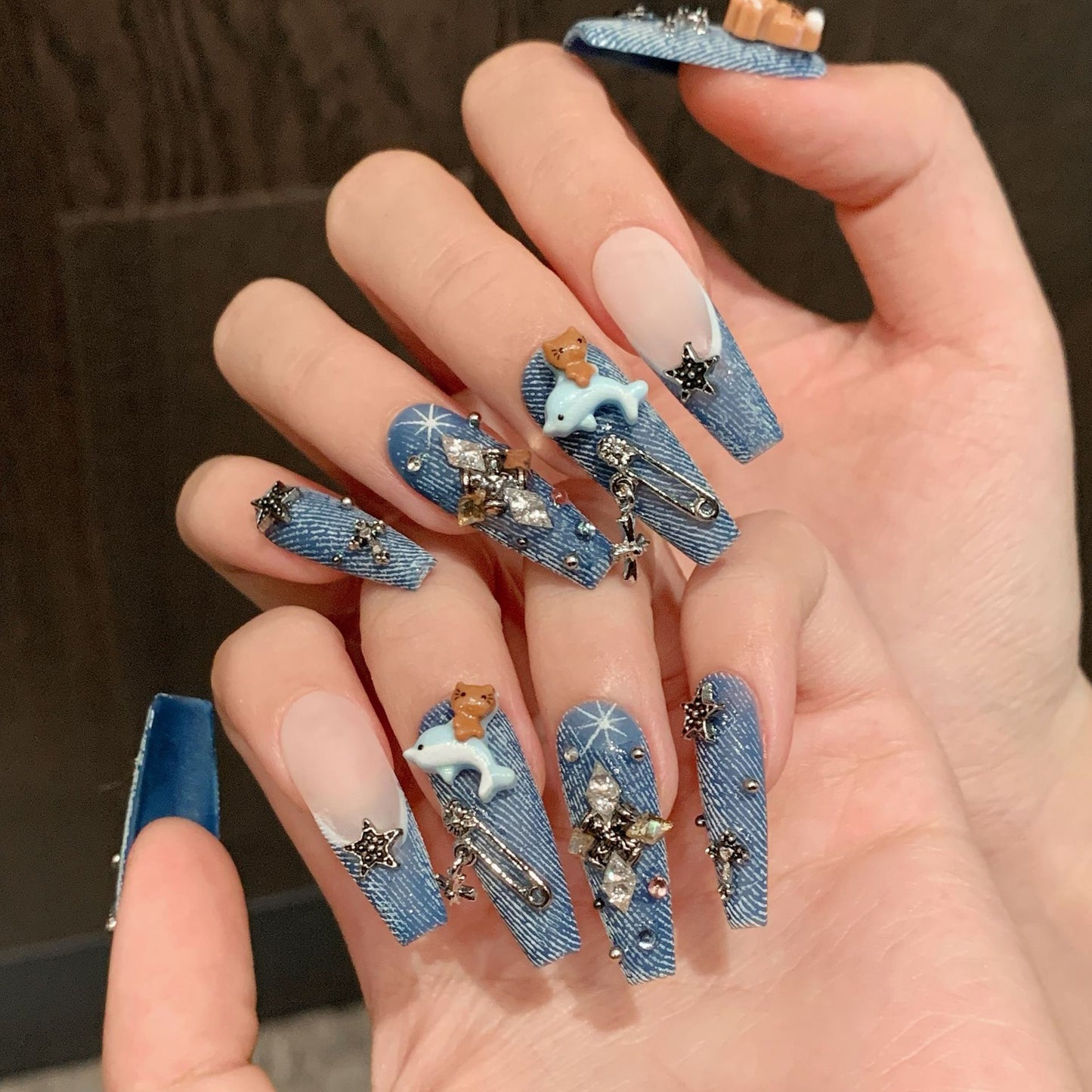 Whimsical Denim Charm Handmade Press-On Nails