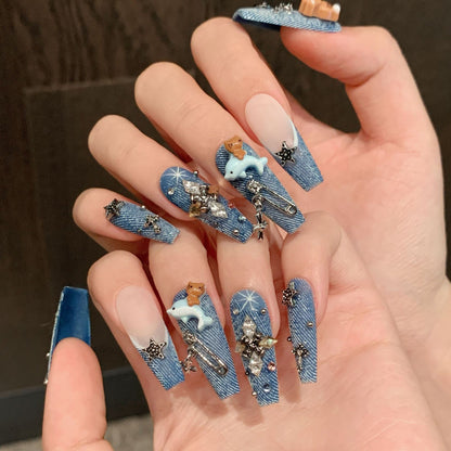 Whimsical Denim Charm Handmade Press-On Nails