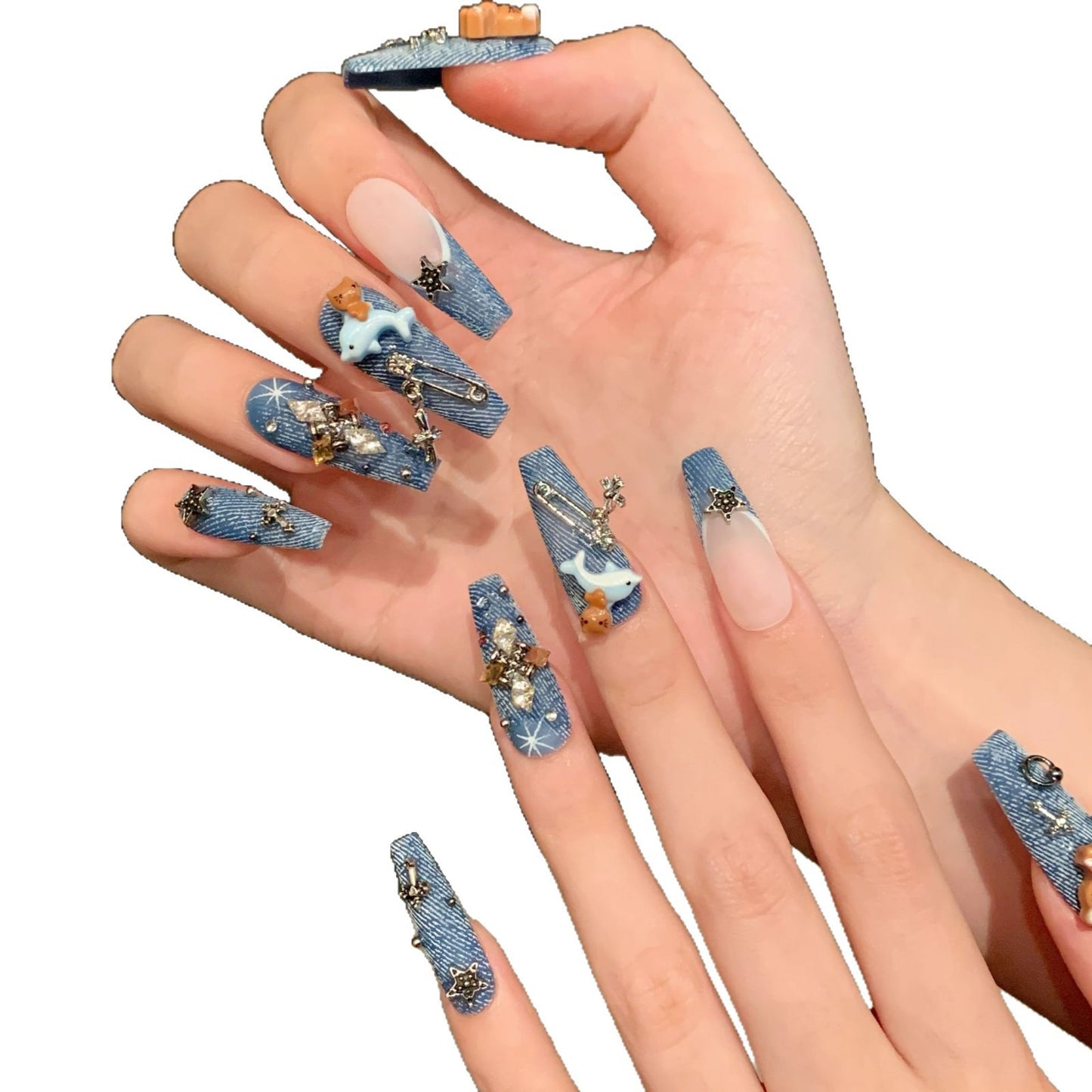 Whimsical Denim Charm Handmade Press-On Nails