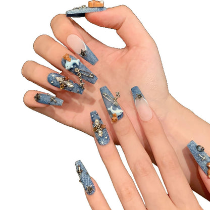 Whimsical Denim Charm Handmade Press-On Nails