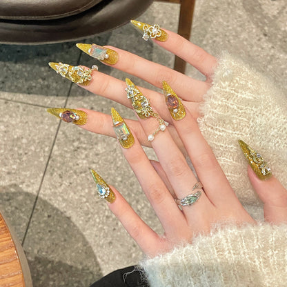 Glam Gold Jeweled Handmade Press-On Nails