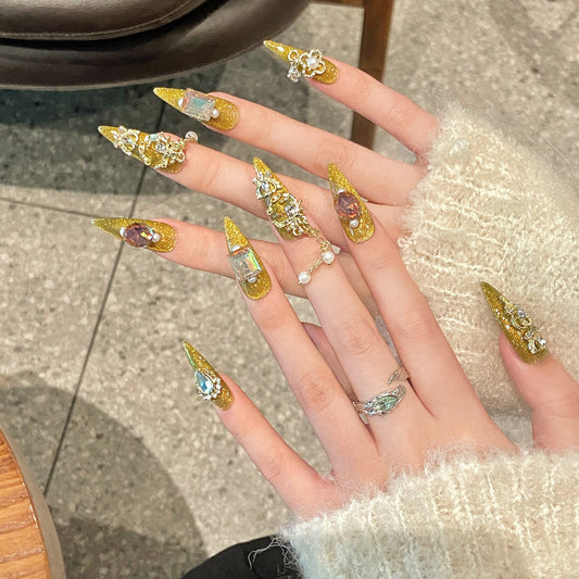 Glam Gold Jeweled Handmade Press-On Nails