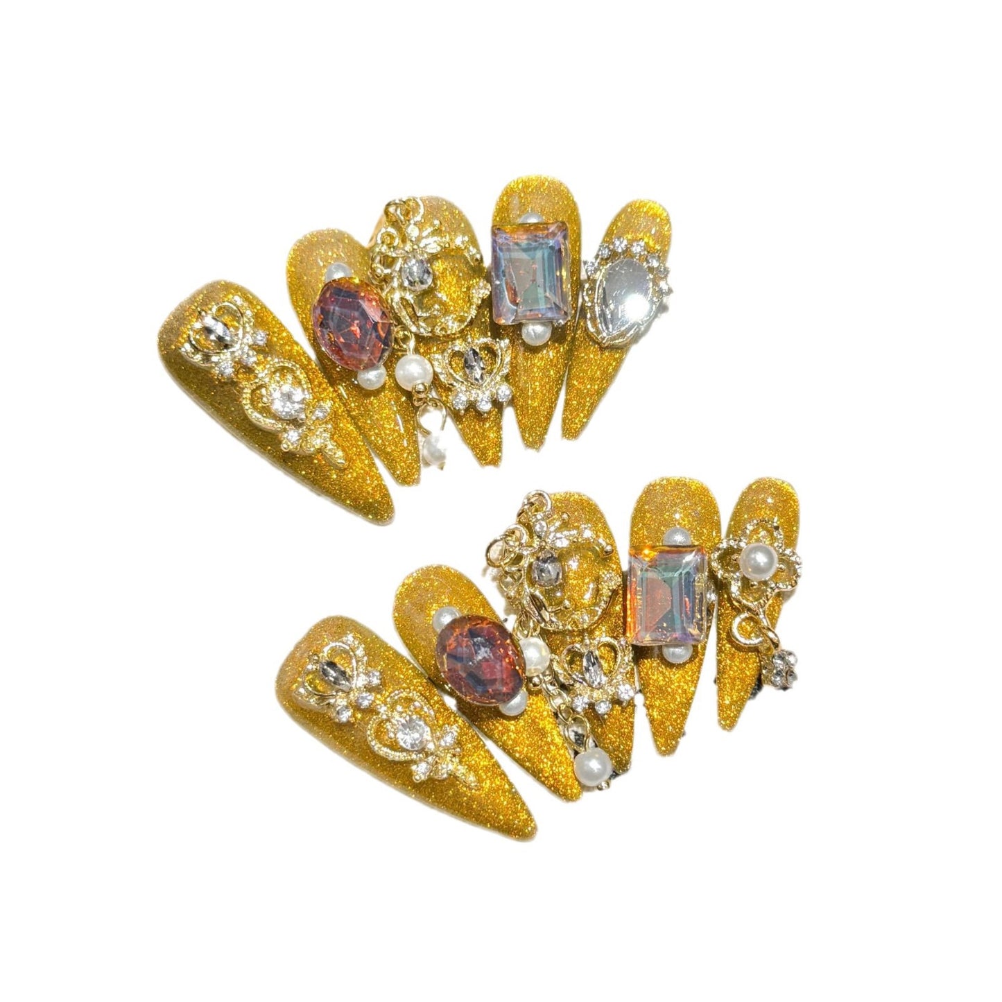 Glam Gold Jeweled Handmade Press-On Nails