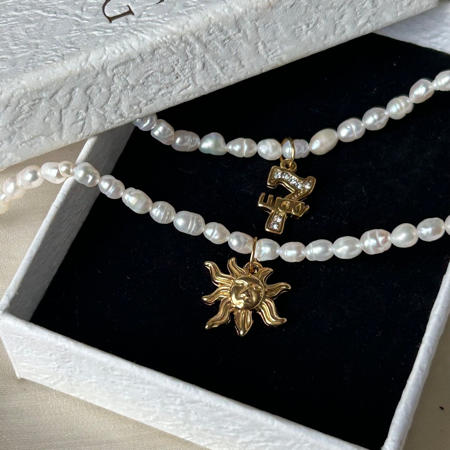 Natural White Freshwater Pearl Choker Necklace, 18K Gold Plated Stainless Steel Sun & Lucky 7 CZ Pendant, Adjustable 40-45cm Handmade Pearl Chain for Women