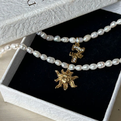 Natural White Freshwater Pearl Choker Necklace, 18K Gold Plated Stainless Steel Sun & Lucky 7 CZ Pendant, Adjustable 40-45cm Handmade Pearl Chain for Women