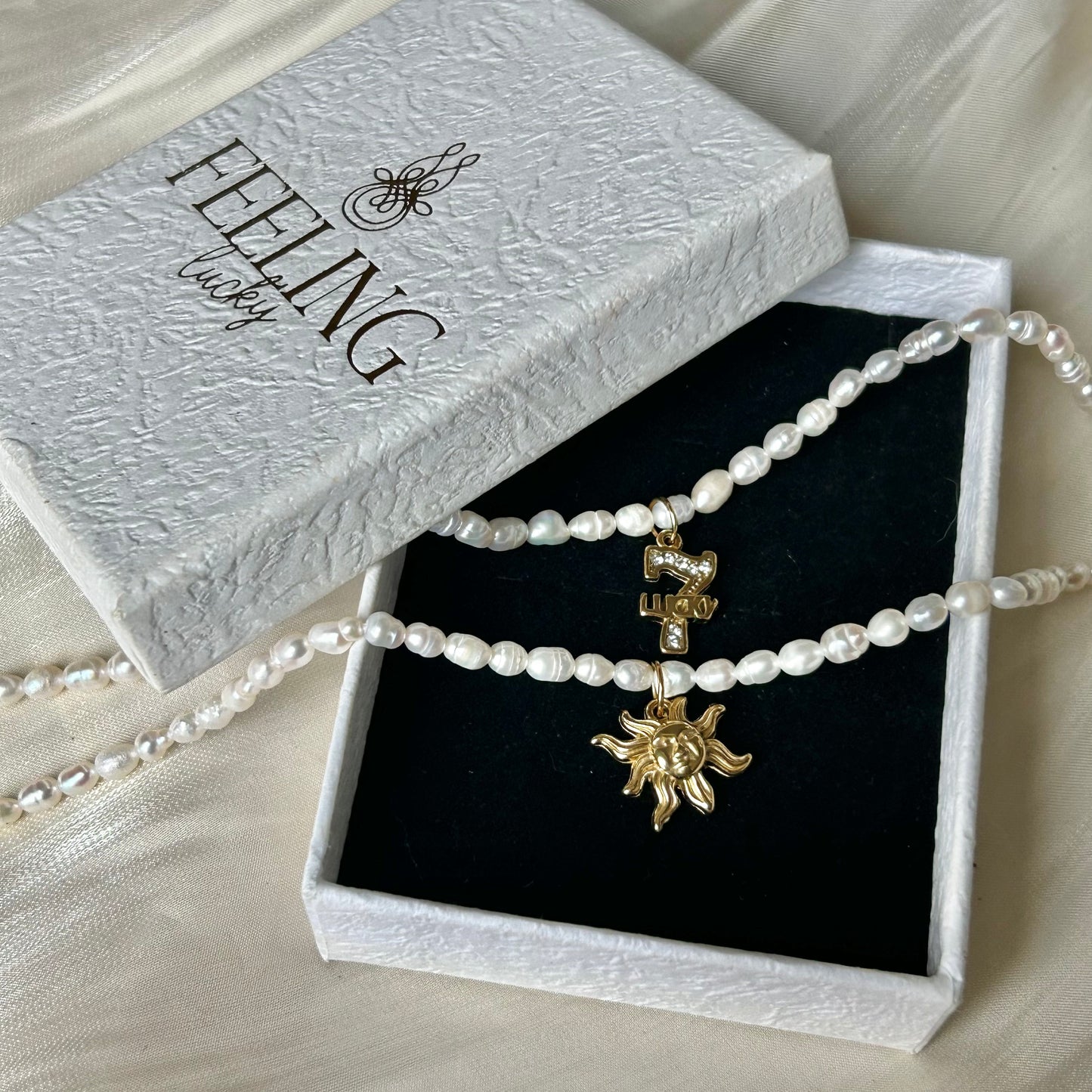 Natural White Freshwater Pearl Choker Necklace, 18K Gold Plated Stainless Steel Sun & Lucky 7 CZ Pendant, Adjustable 40-45cm Handmade Pearl Chain for Women