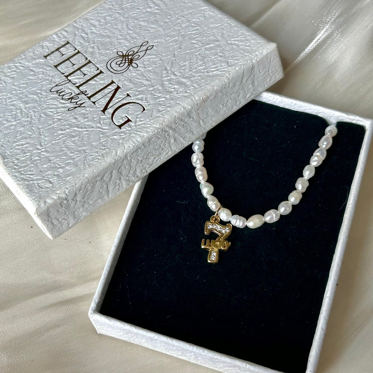 Natural White Freshwater Pearl Choker Necklace, 18K Gold Plated Stainless Steel Sun & Lucky 7 CZ Pendant, Adjustable 40-45cm Handmade Pearl Chain for Women