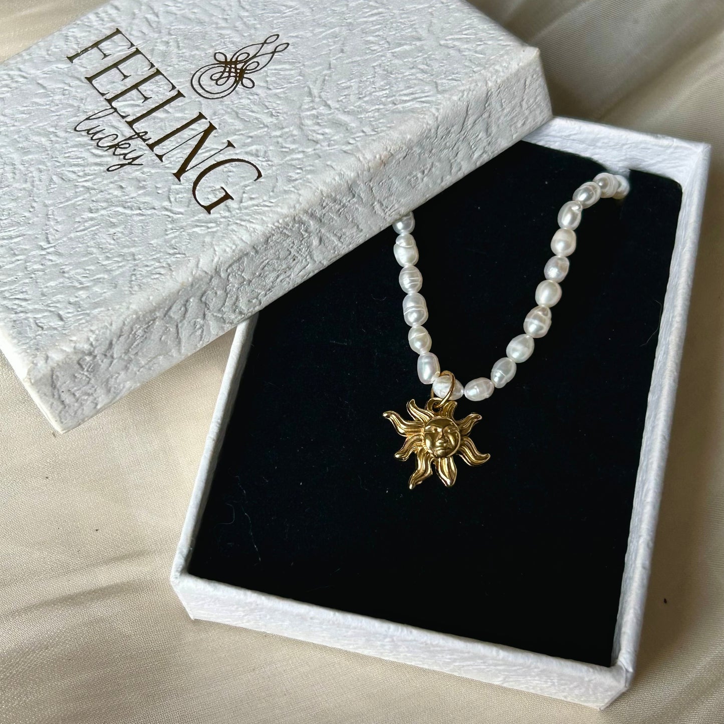 Natural White Freshwater Pearl Choker Necklace, 18K Gold Plated Stainless Steel Sun & Lucky 7 CZ Pendant, Adjustable 40-45cm Handmade Pearl Chain for Women