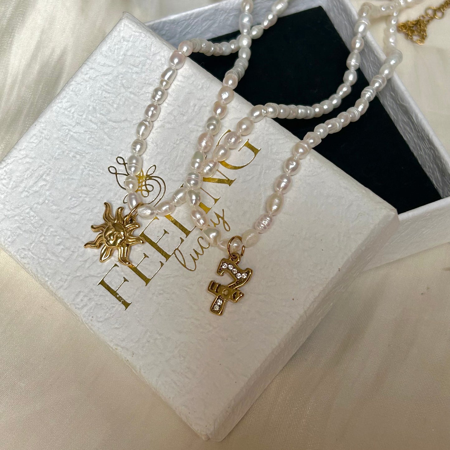 Natural White Freshwater Pearl Choker Necklace, 18K Gold Plated Stainless Steel Sun & Lucky 7 CZ Pendant, Adjustable 40-45cm Handmade Pearl Chain for Women