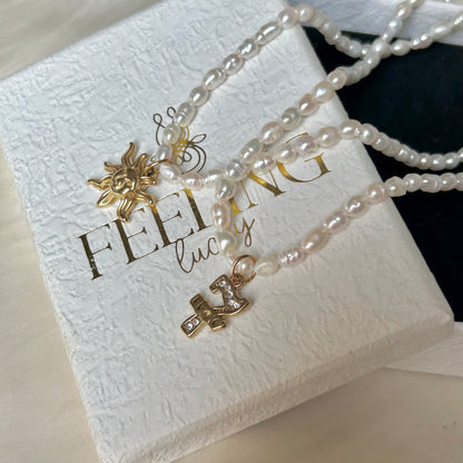 Natural White Freshwater Pearl Choker Necklace, 18K Gold Plated Stainless Steel Sun & Lucky 7 CZ Pendant, Adjustable 40-45cm Handmade Pearl Chain for Women