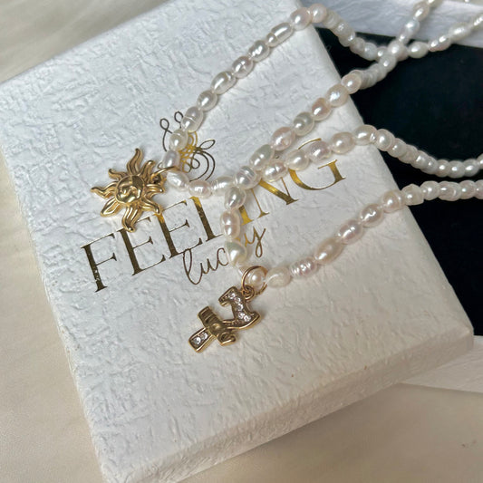 Natural White Freshwater Pearl Choker Necklace, 18K Gold Plated Stainless Steel Sun & Lucky 7 CZ Pendant, Adjustable 40-45cm Handmade Pearl Chain for Women
