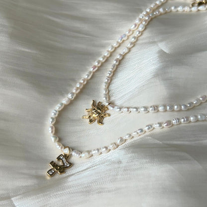 Natural White Freshwater Pearl Choker Necklace, 18K Gold Plated Stainless Steel Sun & Lucky 7 CZ Pendant, Adjustable 40-45cm Handmade Pearl Chain for Women