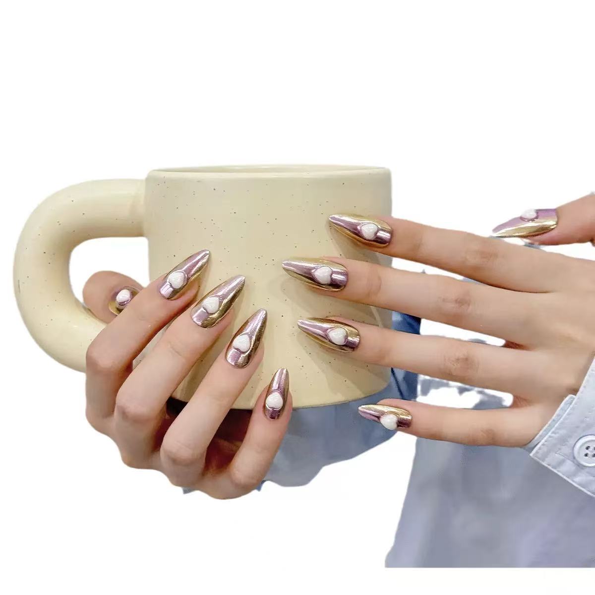 Lavender Gold Mirror 3D White Heart Almond Press On Nails