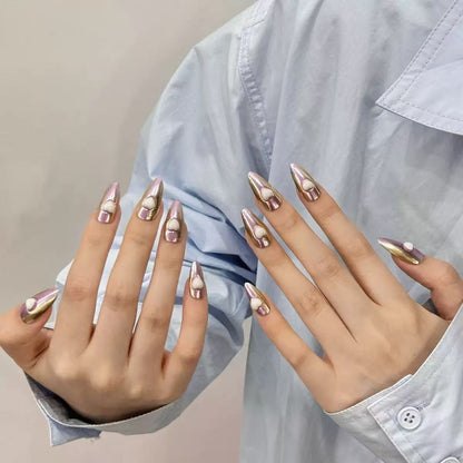 Lavender Gold Mirror 3D White Heart Almond Press On Nails