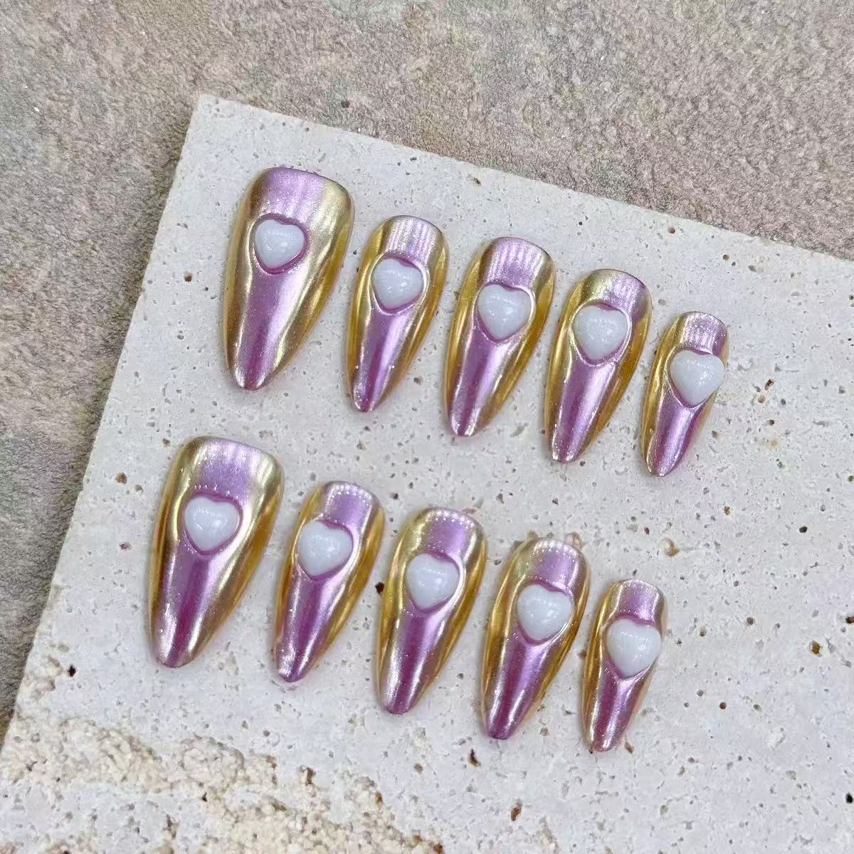Lavender Gold Mirror 3D White Heart Almond Press On Nails