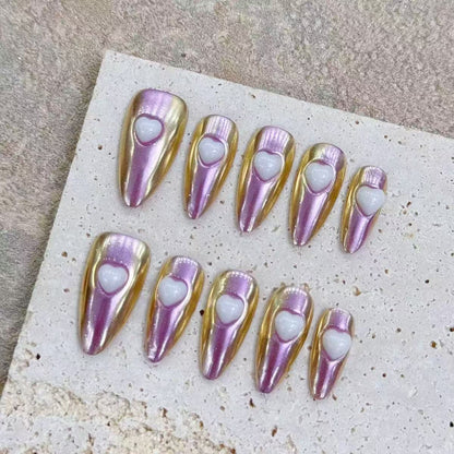 Lavender Gold Mirror 3D White Heart Almond Press On Nails