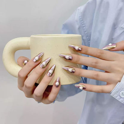 Lavender Gold Mirror 3D White Heart Almond Press On Nails