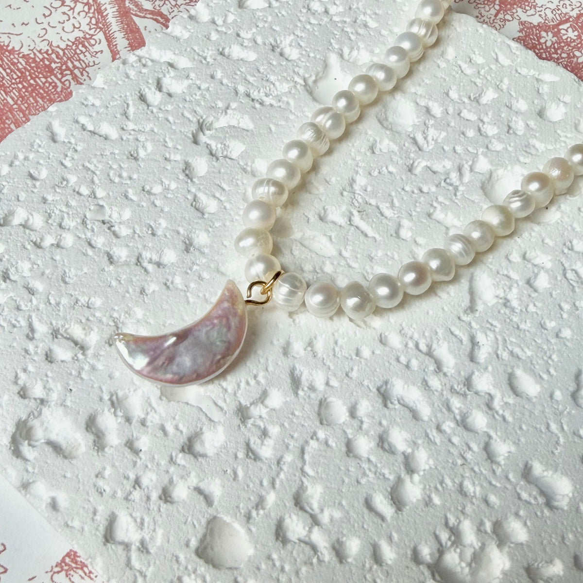Handmade Natural Pearl Necklace with Carved Moon Pendant | 43cm, Stainless Steel Clasp
