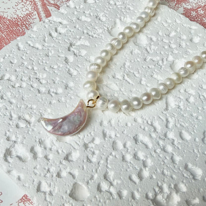 Handmade Natural Pearl Necklace with Carved Moon Pendant | 43cm, Stainless Steel Clasp