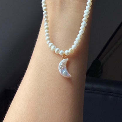 Handmade Natural Pearl Necklace with Carved Moon Pendant | 43cm, Stainless Steel Clasp