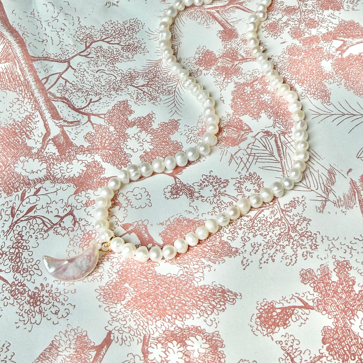 Handmade Natural Pearl Necklace with Carved Moon Pendant | 43cm, Stainless Steel Clasp