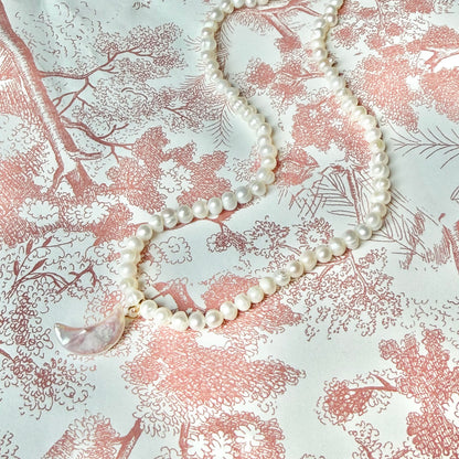 Handmade Natural Pearl Necklace with Carved Moon Pendant | 43cm, Stainless Steel Clasp