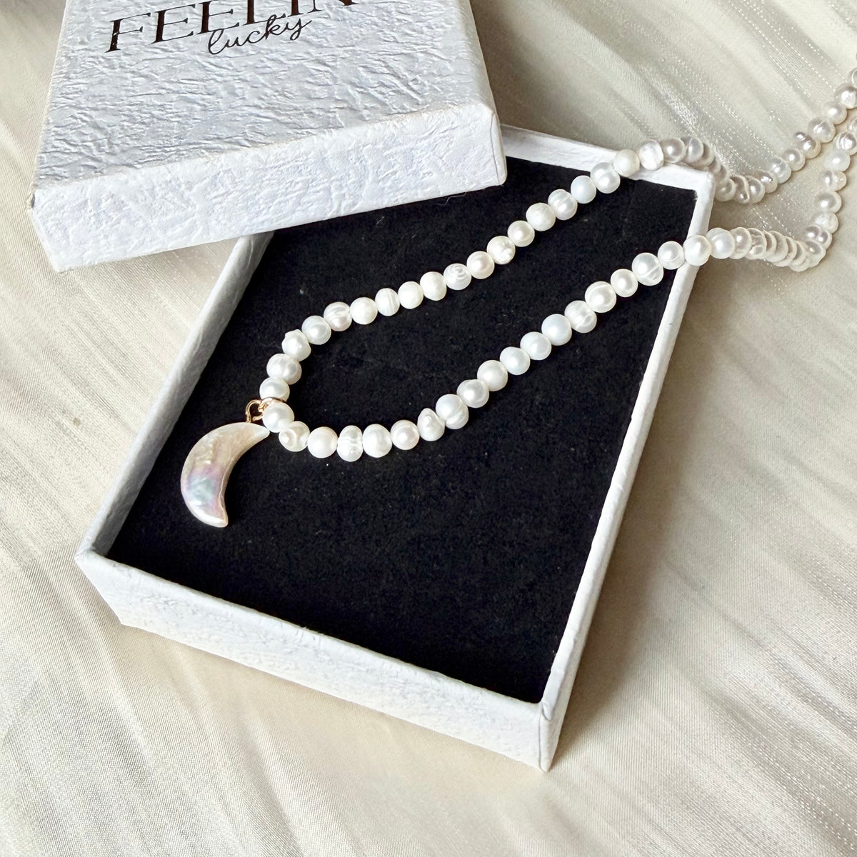 Handmade Natural Pearl Necklace with Carved Moon Pendant | 43cm, Stainless Steel Clasp
