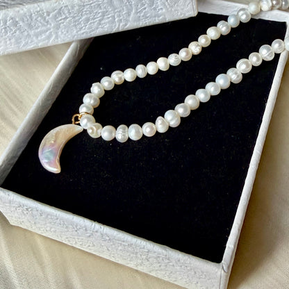 Handmade Natural Pearl Necklace with Carved Moon Pendant | 43cm, Stainless Steel Clasp