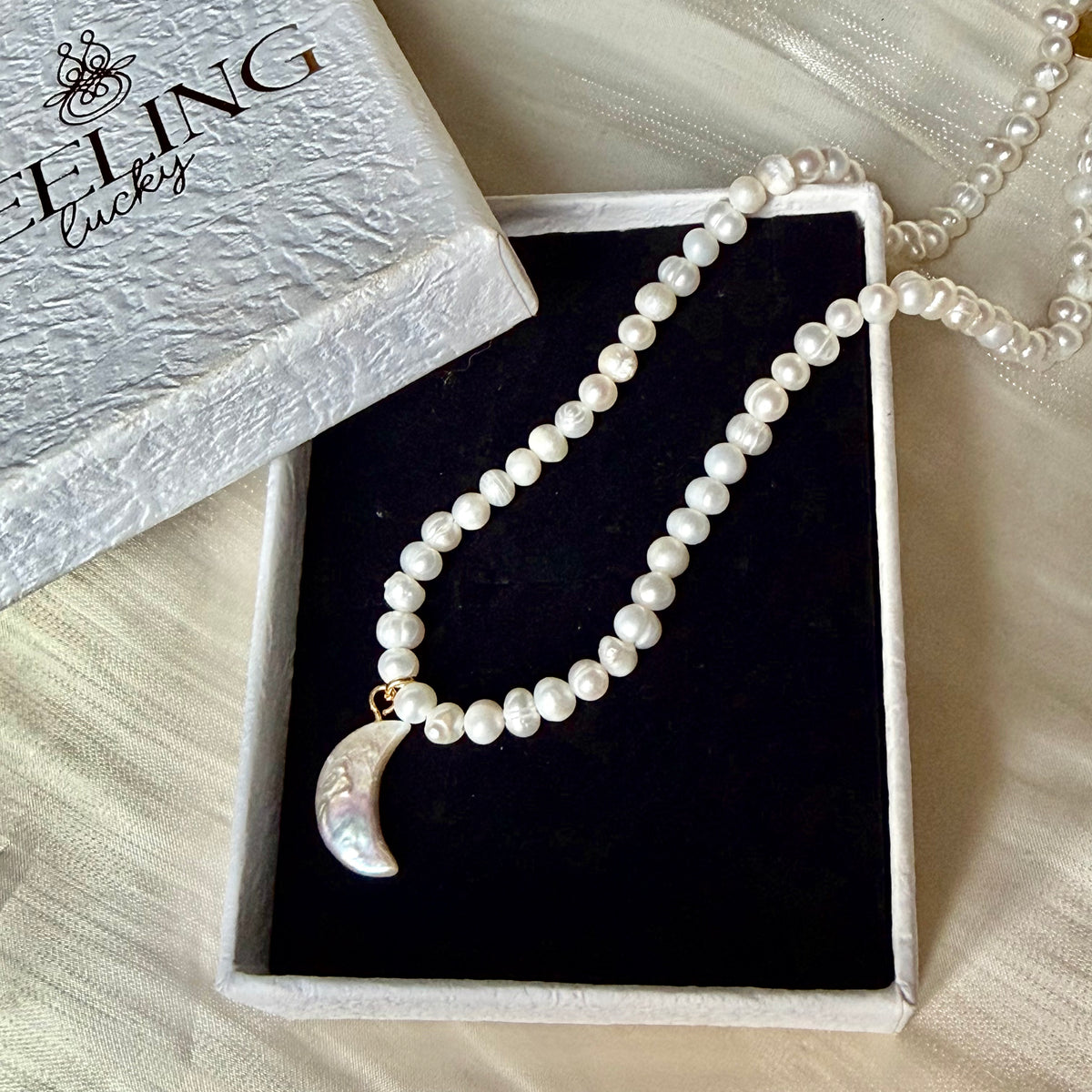 Handmade Natural Pearl Necklace with Carved Moon Pendant | 43cm, Stainless Steel Clasp